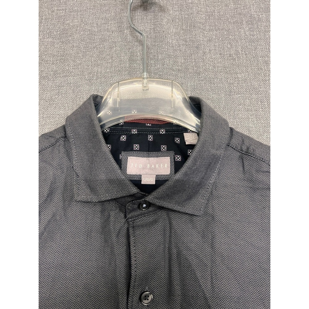 Ted Baker London Mens Grey Herringbone Cotton Button Down Shirt Large L/G/G